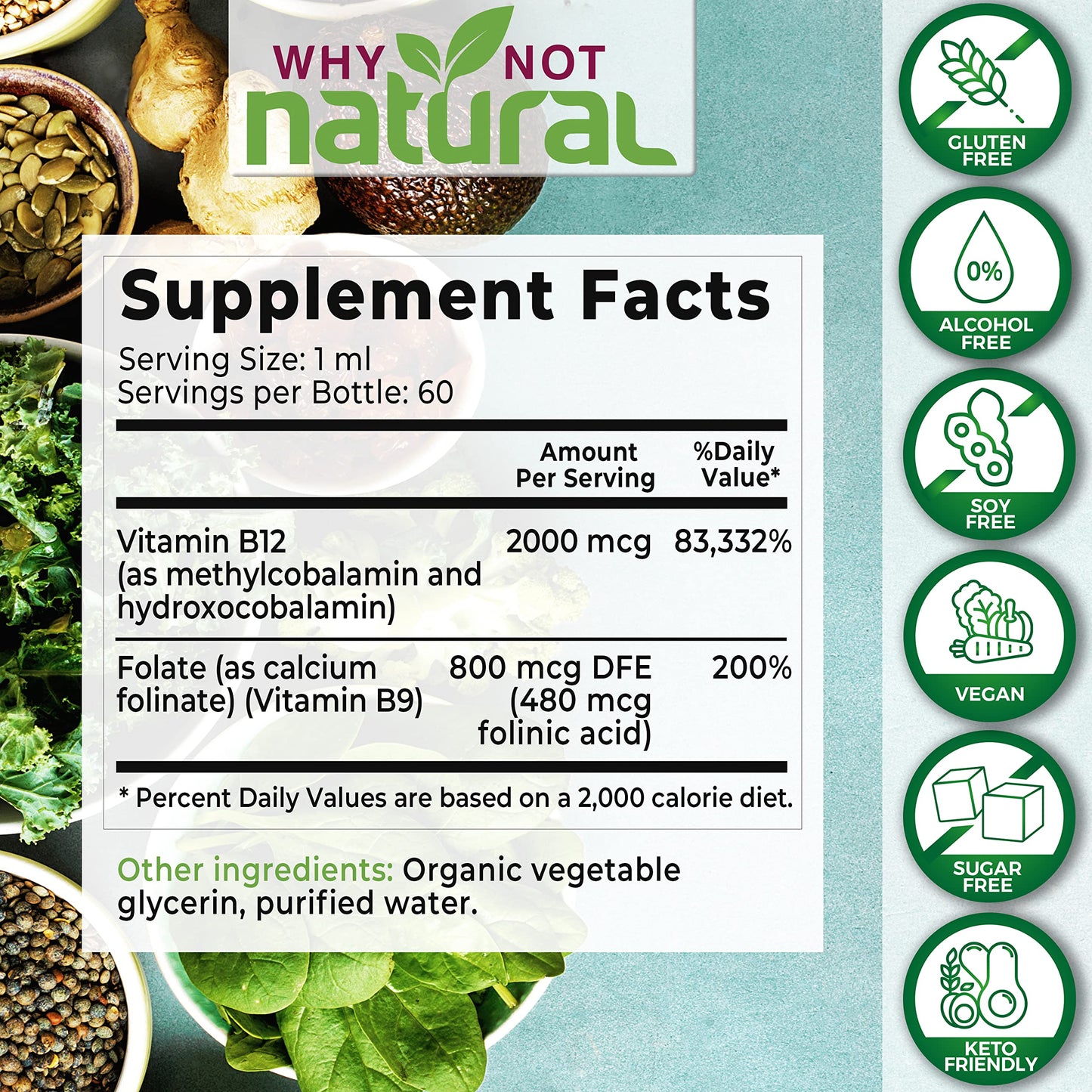 Why Not Natural Vitamin B12 Liquid + Folate - Organic Sublingual Drops, Vegan