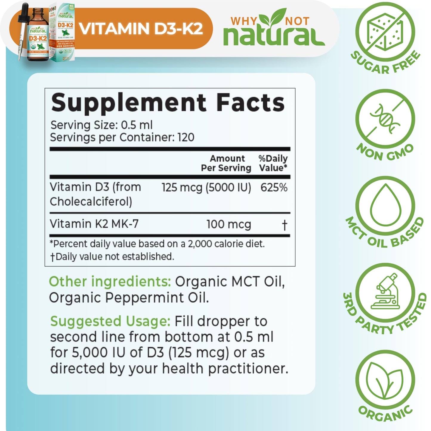 Why Not Natural Vitamin D3 K2 Liquid Drops – 5000 IU with Coconut MCT Oil