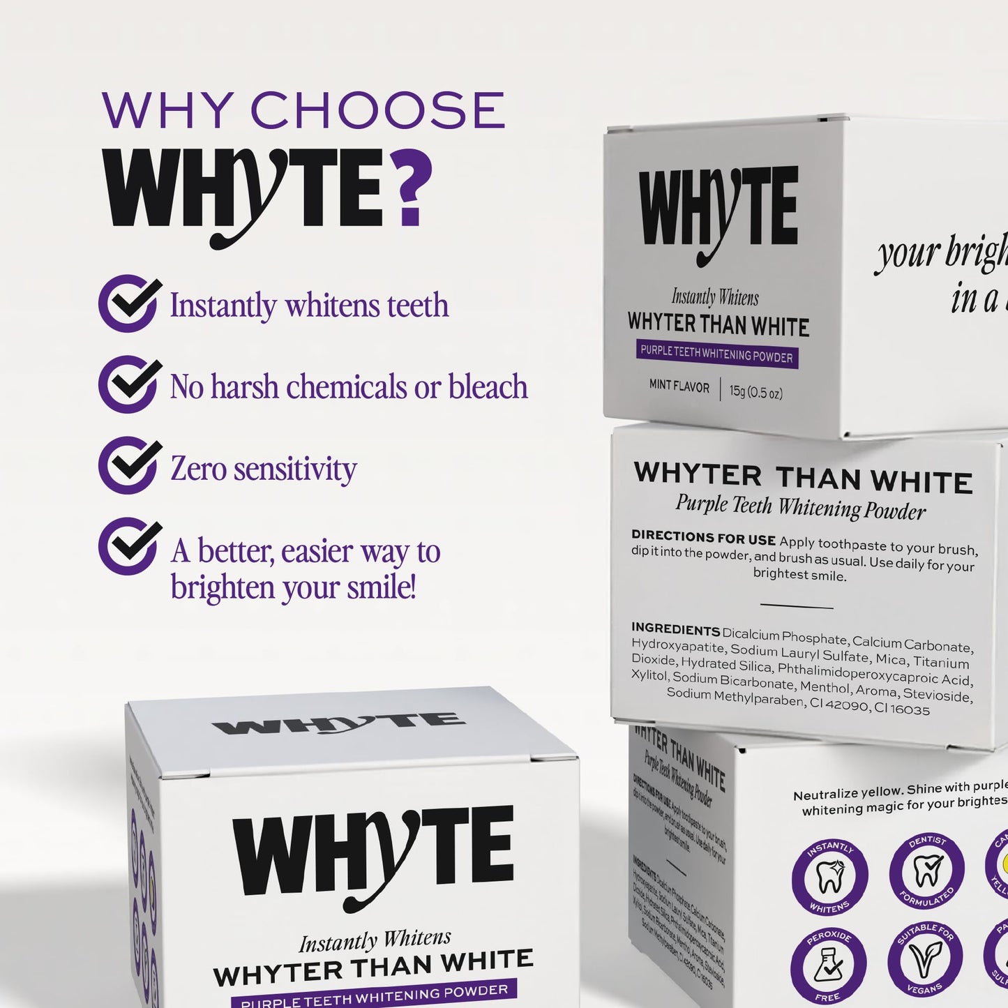 Whyte Purple Teeth Whitening Powder for Sensitive Teeth – Mint Flavor