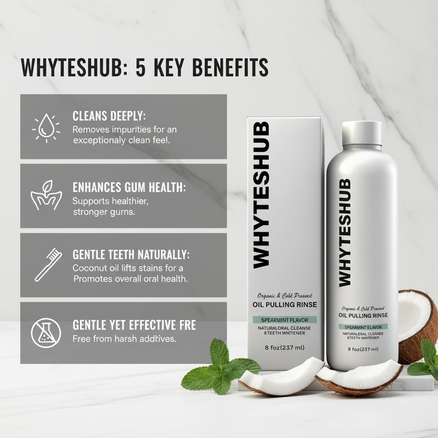 Whyteshub Spearmint Oil Pulling Rinse – Organic Coconut Oil Mouthwash (8 oz)