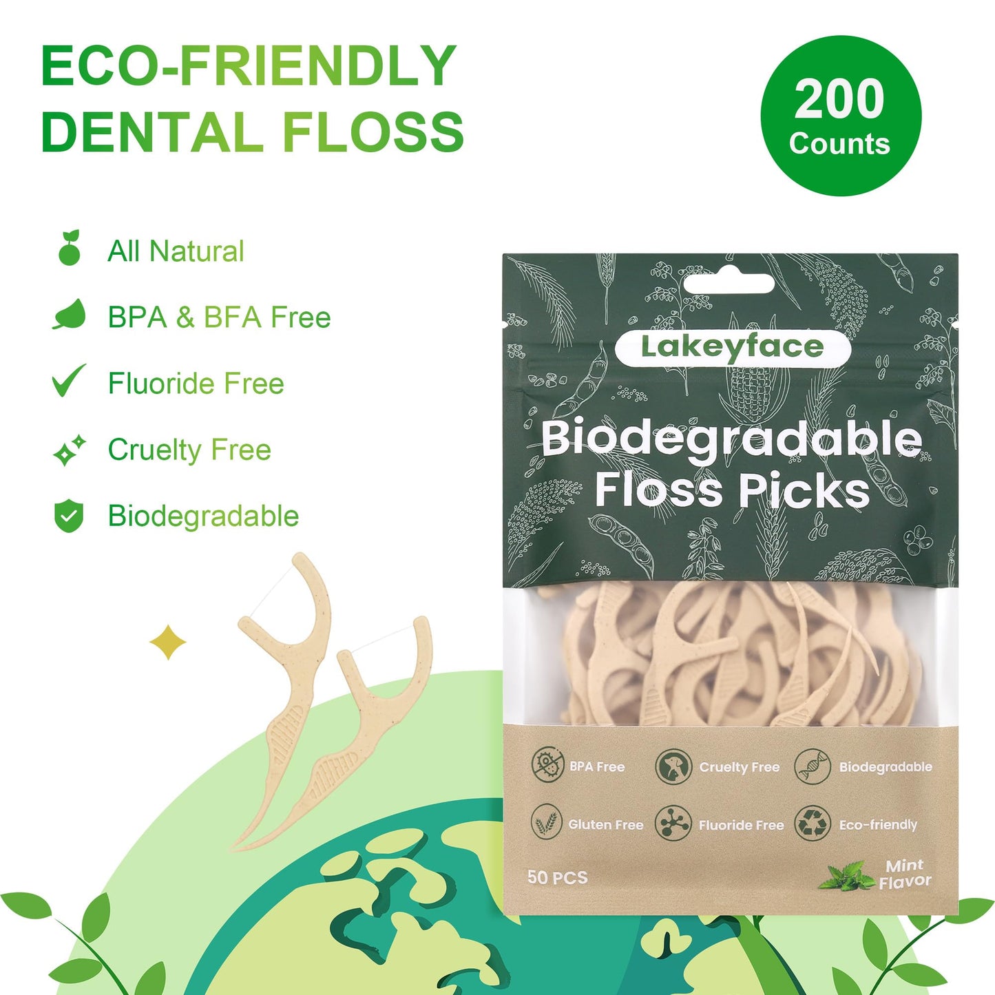 Lakeyface 200 Count Biodegradable Dental Floss Picks – Eco-Friendly Mint