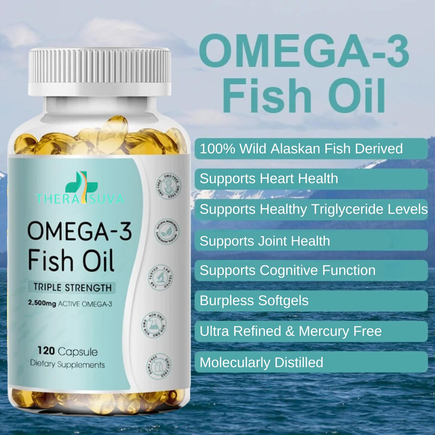Triple Strength Wild Alaskan Omega-3 2500mg + EPA 1300mg + DHA 1200mg – 120 Softgels, 60 Day Heart & Joint Health Supplement