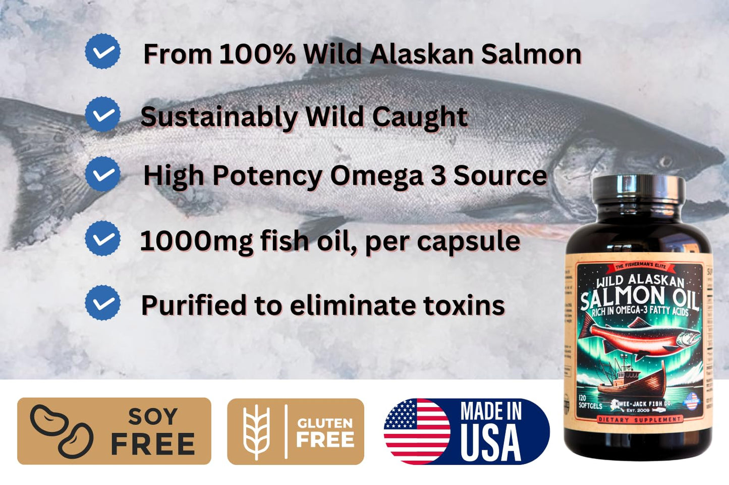 Wild Alaskan Salmon Oil Omega-3 Supplement (EPA & DHA) - 120 Softgels, 1000mg Each | Kwee-Jack Fish Co.