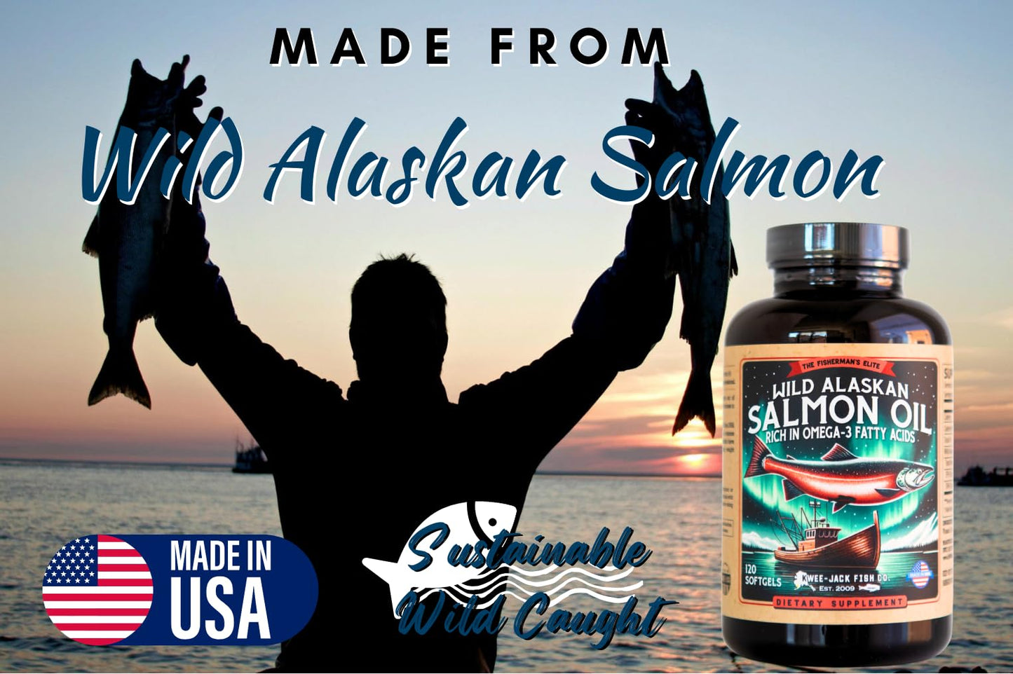 Wild Alaskan Salmon Oil Omega-3 Supplement (EPA & DHA) - 120 Softgels, 1000mg Each | Kwee-Jack Fish Co.
