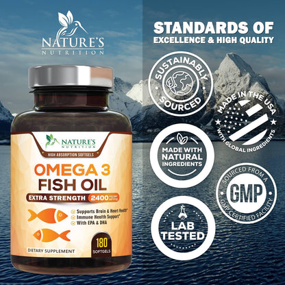 Omega 3 Fish Oil 2400 mg – Triple Strength EPA & DHA | Burpless Lemon, 180 Softgels