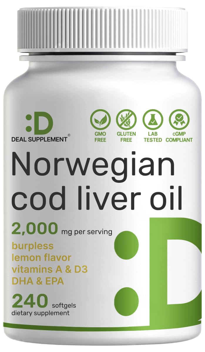 Wild Caught Cod Liver Oil 2,000mg | 240 Softgels | Burpless Lemon Flavor