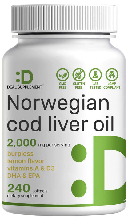 Wild Caught Cod Liver Oil 2,000mg | 240 Softgels | Burpless Lemon Flavor