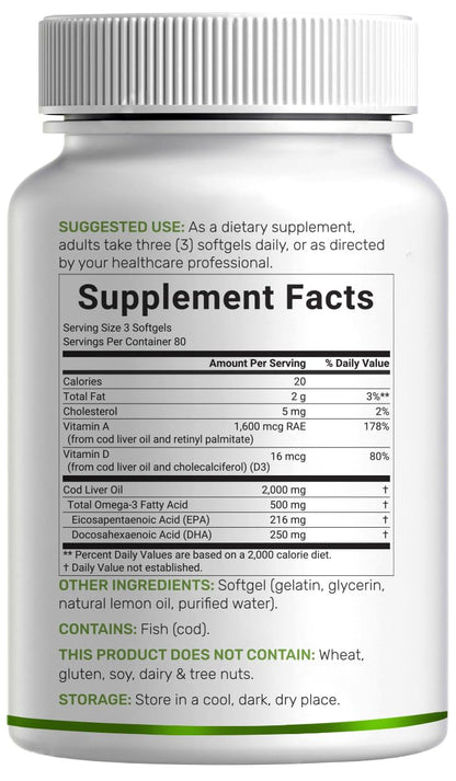 Wild Caught Cod Liver Oil 2,000mg | 240 Softgels | Burpless Lemon Flavor