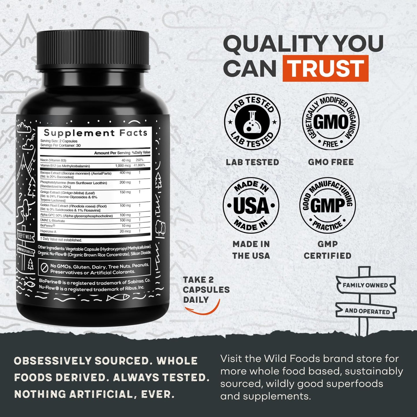 Wild Focus Brain Supplements | Caffeine-Free, Plant-Based Botanicals | Lions Mane, Ginkgo Biloba, Bacopa Monnieri, Lemon Balm | 100% Natural Nootropic | 60 caps
