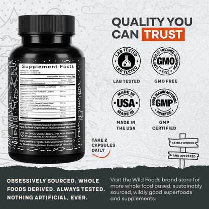 Wild Focus Brain Supplements | Caffeine-Free, Plant-Based Botanicals | Lions Mane, Ginkgo Biloba, Bacopa Monnieri, Lemon Balm | 100% Natural Nootropic | 60 caps