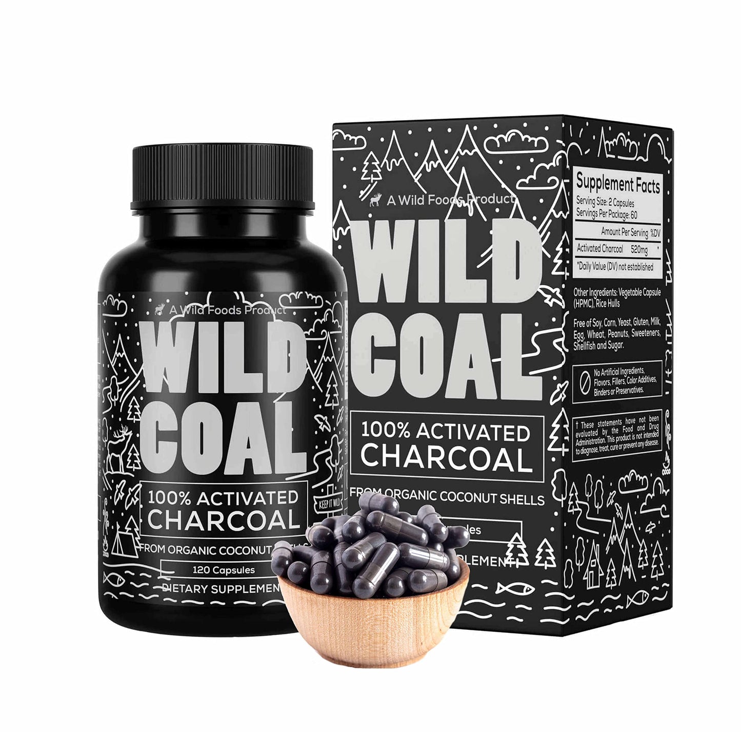 Wild Foods Activated Charcoal Capsules – 100% Organic Coconut Shells, Made in USA (120 Ct)