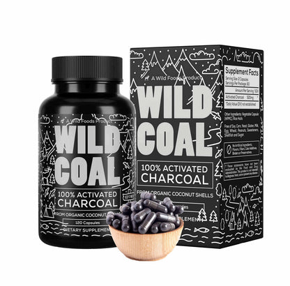 Wild Foods Activated Charcoal Capsules – 100% Organic Coconut Shells, Made in USA (120 Ct)