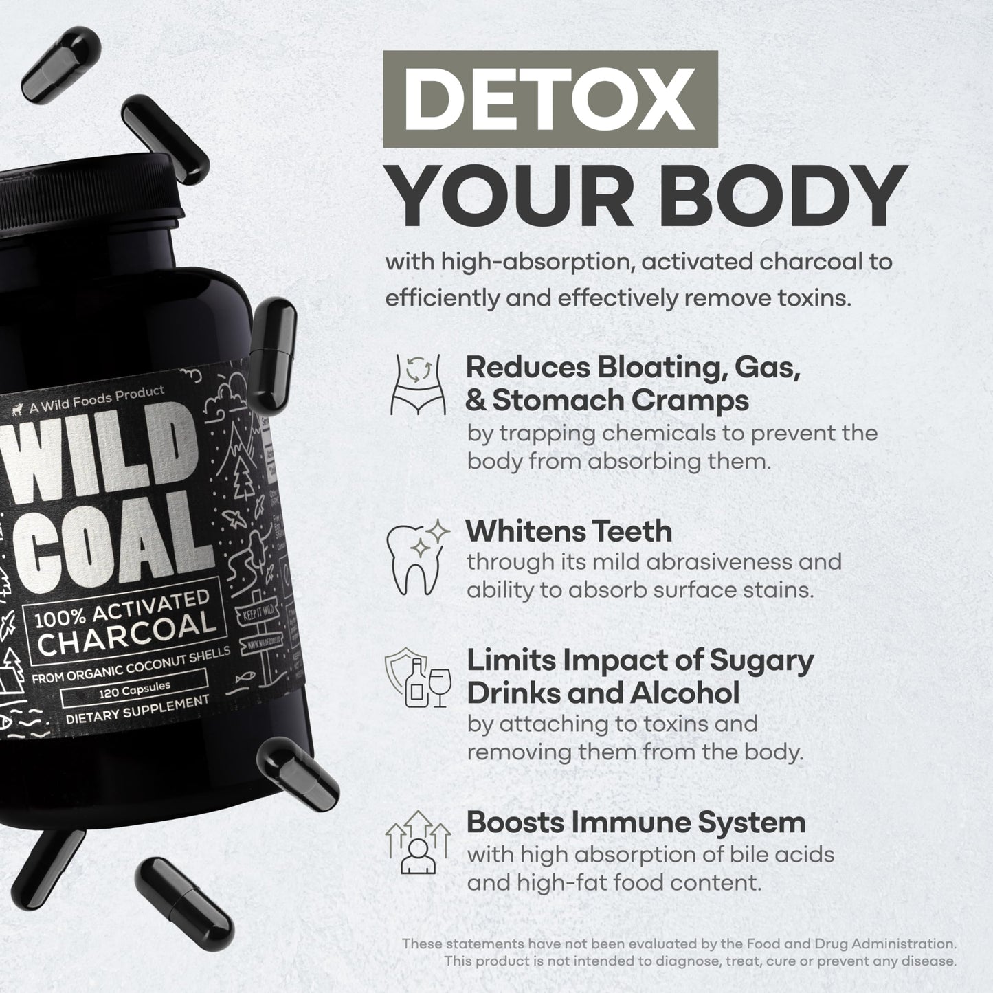 Wild Foods Activated Charcoal Capsules – 120 Capsules (Two Bottles) | Organic Coconut Shells | Lab Tested & Non-GMO | Detox & Bloating Relief | USA