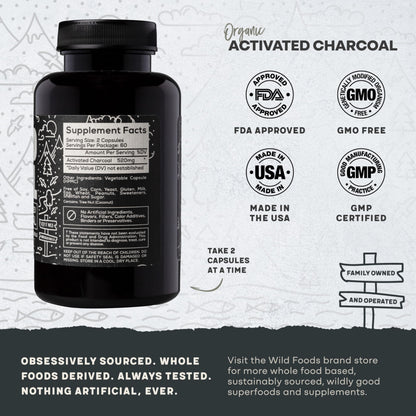Wild Foods Activated Charcoal Capsules – 120 Capsules (Two Bottles) | Organic Coconut Shells | Lab Tested & Non-GMO | Detox & Bloating Relief | USA