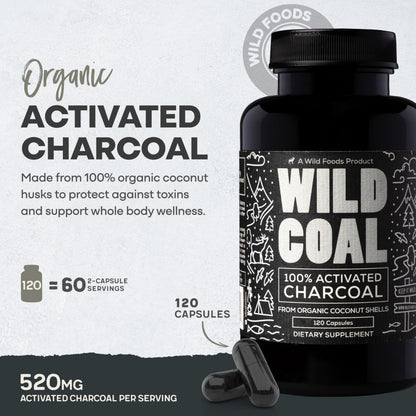 Wild Foods Activated Charcoal Capsules – 120 Capsules (Two Bottles) | Organic Coconut Shells | Lab Tested & Non-GMO | Detox & Bloating Relief | USA