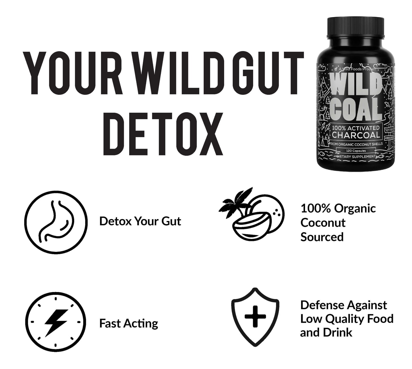 Wild Foods Activated Charcoal Capsules – 120 Capsules (Two Bottles) | Organic Coconut Shells | Lab Tested & Non-GMO | Detox & Bloating Relief | USA