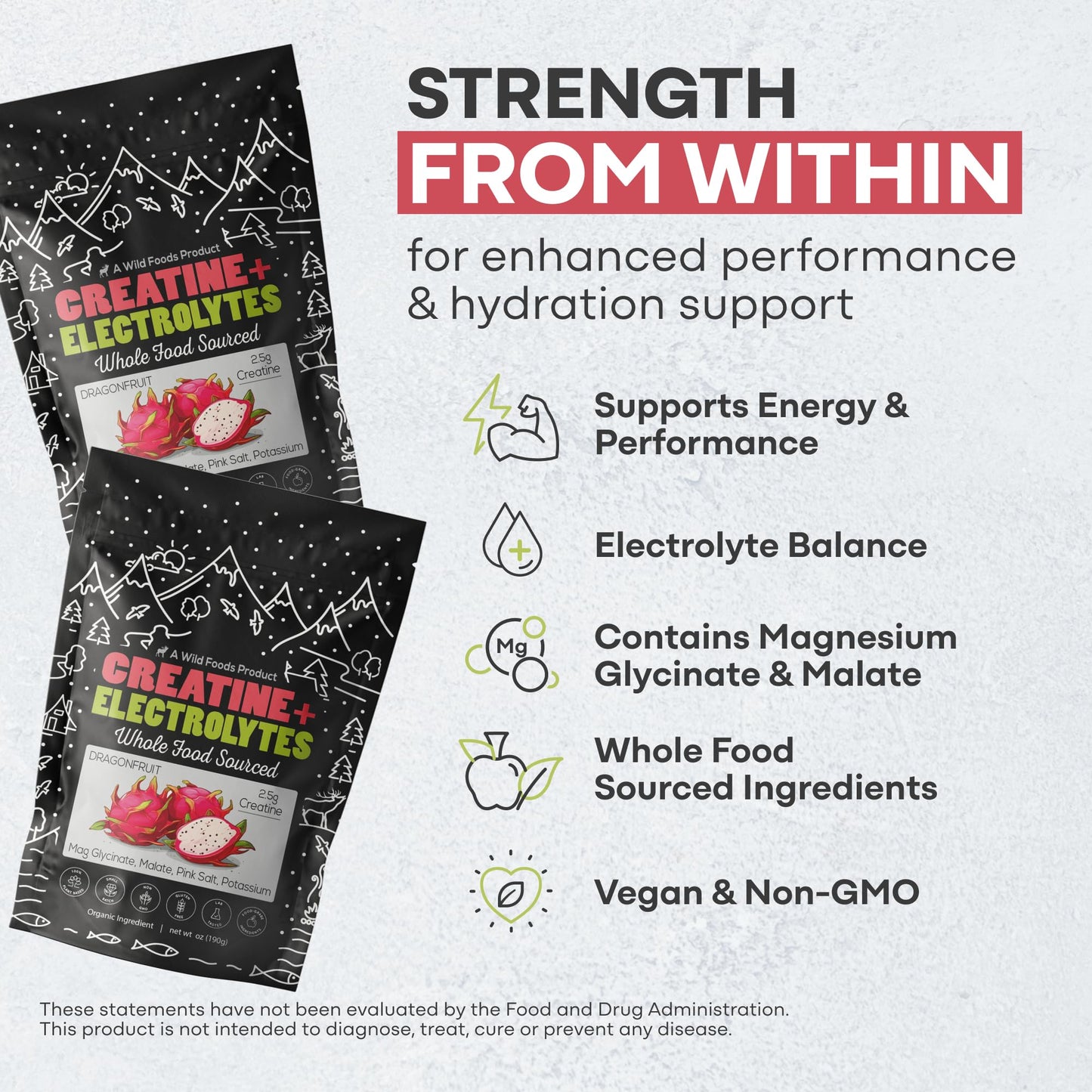 Wild Foods Creatine & Electrolytes Powder Packets – Dragonfruit, 20 Packets | Pre-Workout Hydration & Performance