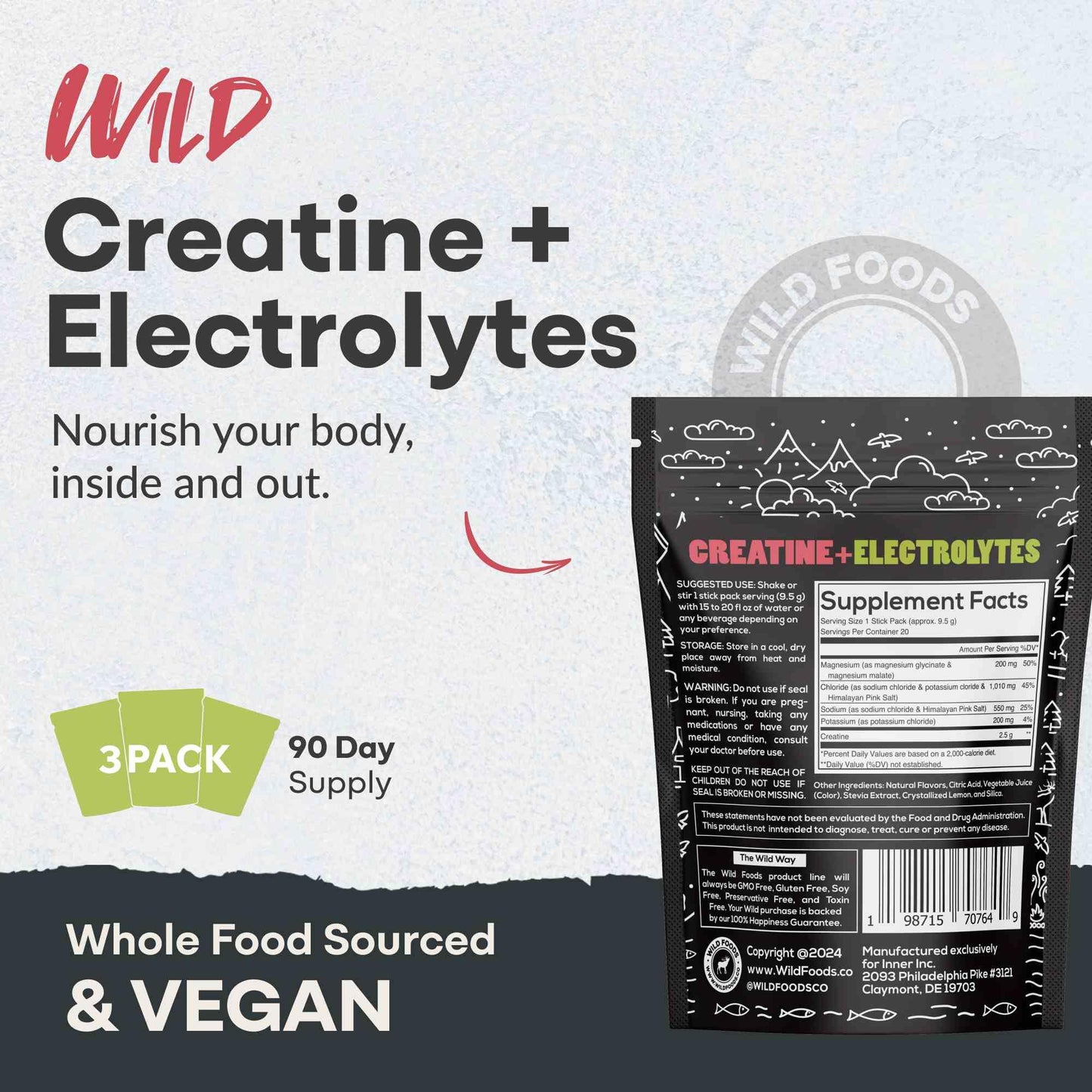 Wild Foods Creatine & Electrolytes Powder Packets – Dragonfruit, 20 Packets | Pre-Workout Hydration & Performance