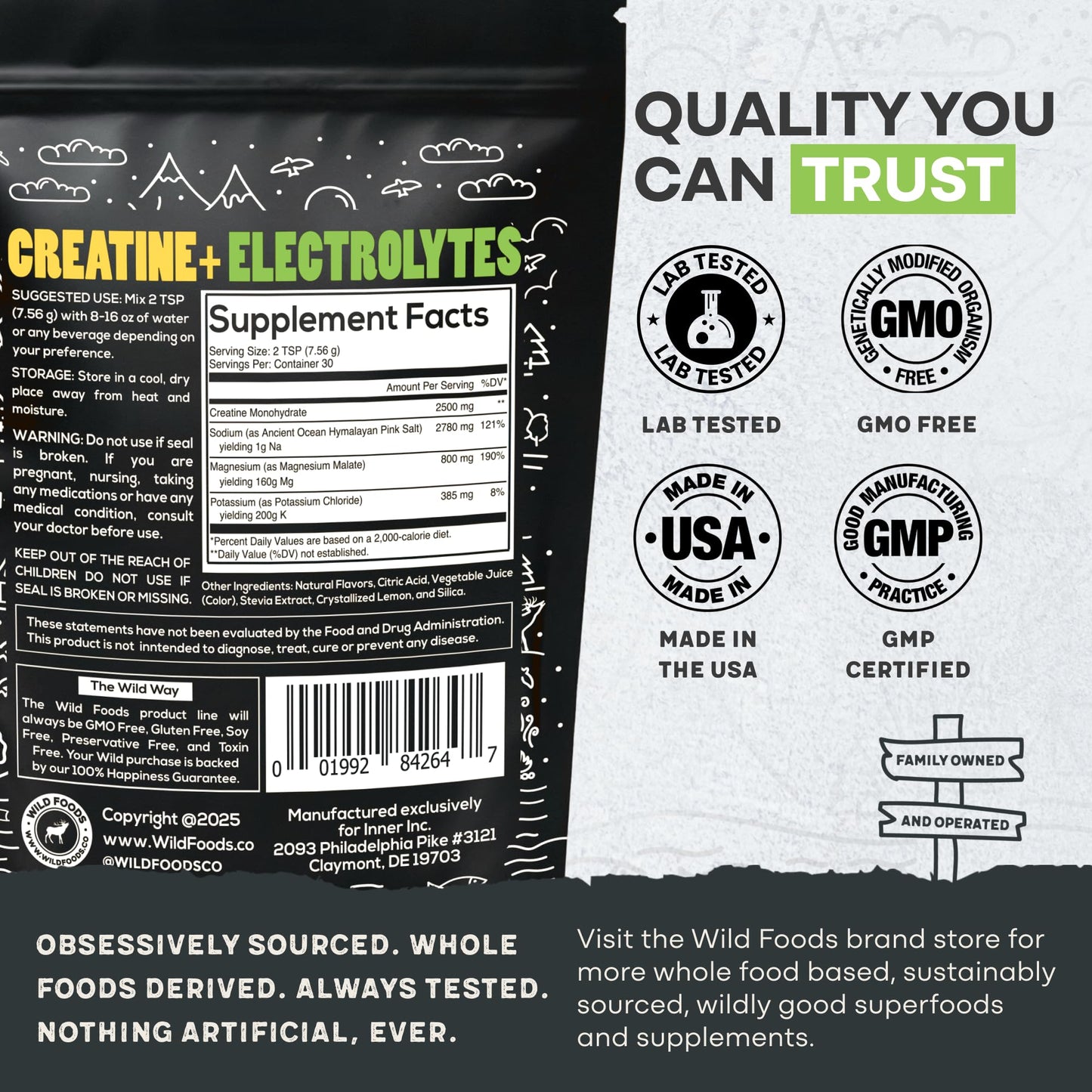 Wild Foods Creatine + Electrolytes Powder – Lemon & Lime (8 oz, 30 Servings) | 2.5 g Creatine