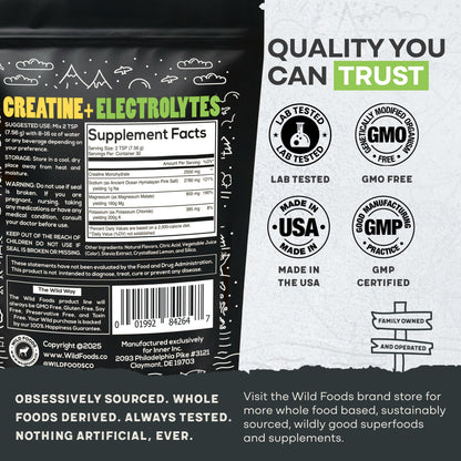Wild Foods Creatine + Electrolytes Powder – Lemon & Lime (8 oz, 30 Servings) | 2.5 g Creatine