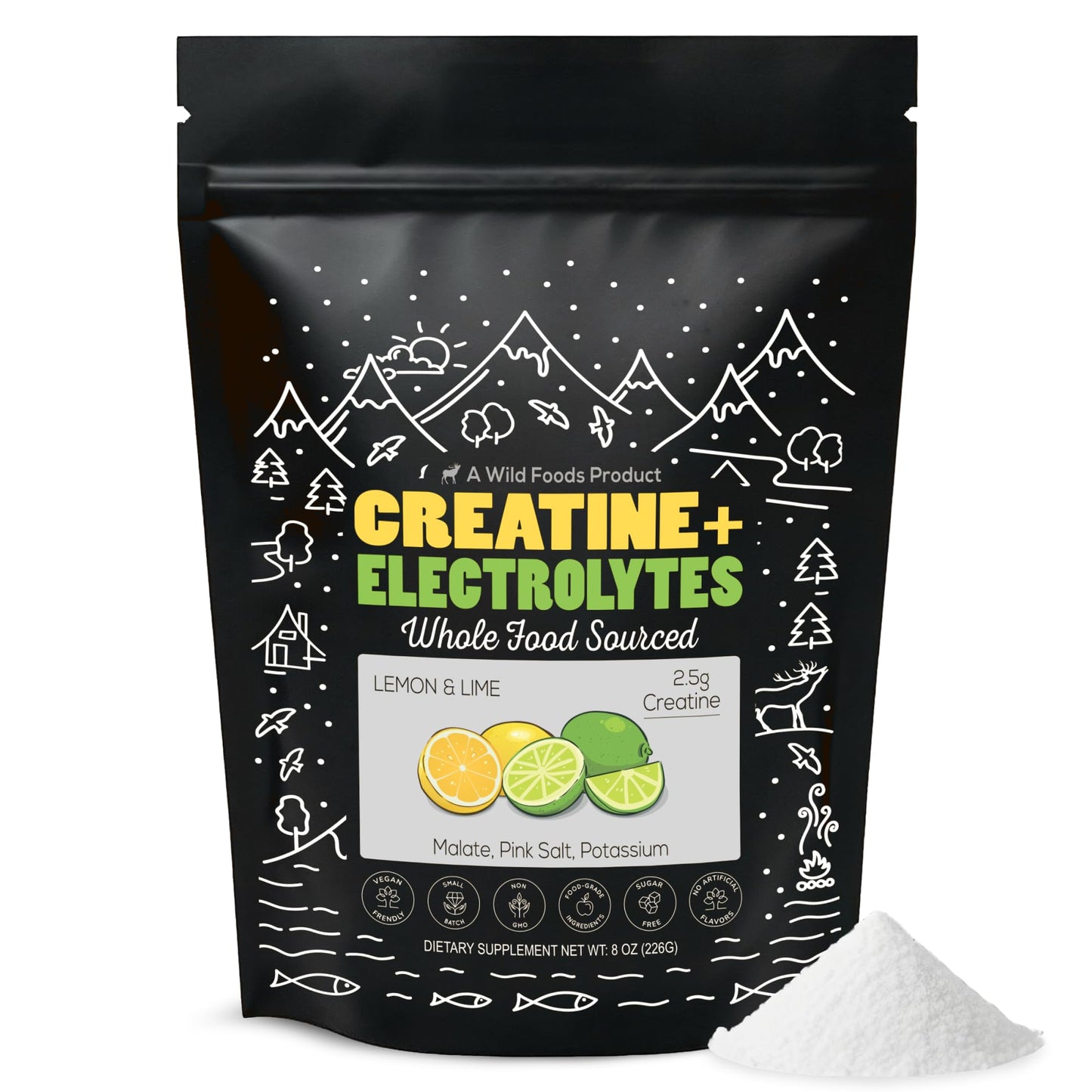 Wild Foods Creatine + Electrolytes Powder – Lemon & Lime (8 oz, 30 Servings) | 2.5 g Creatine