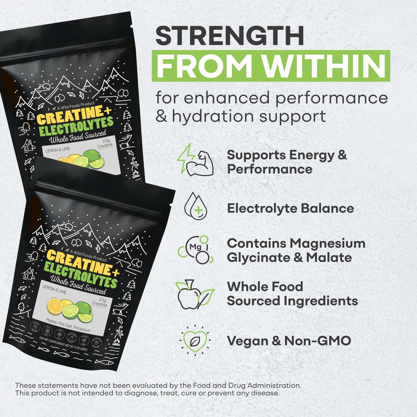 Wild Foods Creatine + Electrolytes Powder – Lemon & Lime (8 oz, 30 Servings) | 2.5 g Creatine