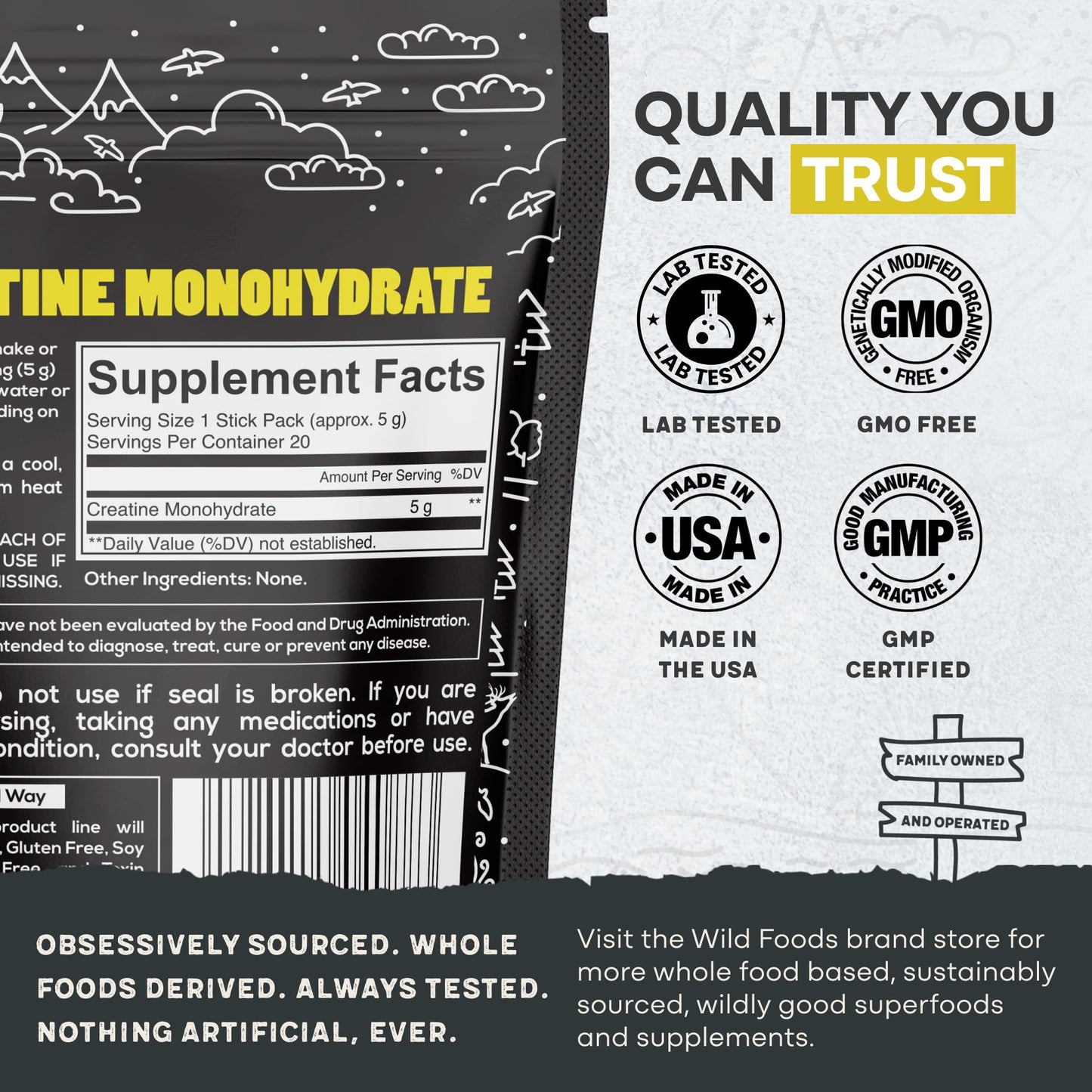 Wild Foods 100% Creatine Monohydrate Packets – 20 Packets, 5g per Serving, USA Made