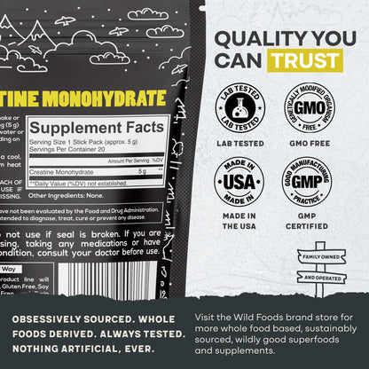 Wild Foods 100% Creatine Monohydrate Packets – 20 Packets, 5g per Serving, USA Made