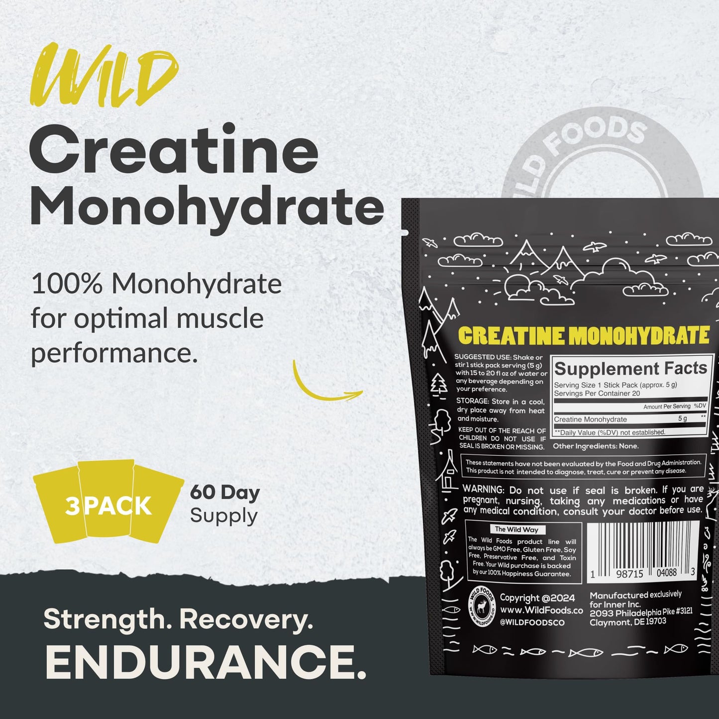 Wild Foods 100% Creatine Monohydrate Packets – 20 Packets, 5g per Serving, USA Made