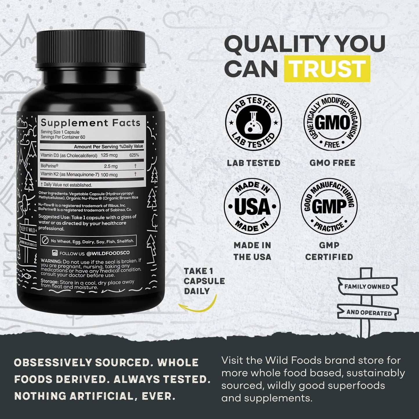 Wild Foods Vitamin D3 5000 IU + K2 MK-7 with Black Pepper - Plant-Based, Non-GMO, 60 Capsules | Made in USA