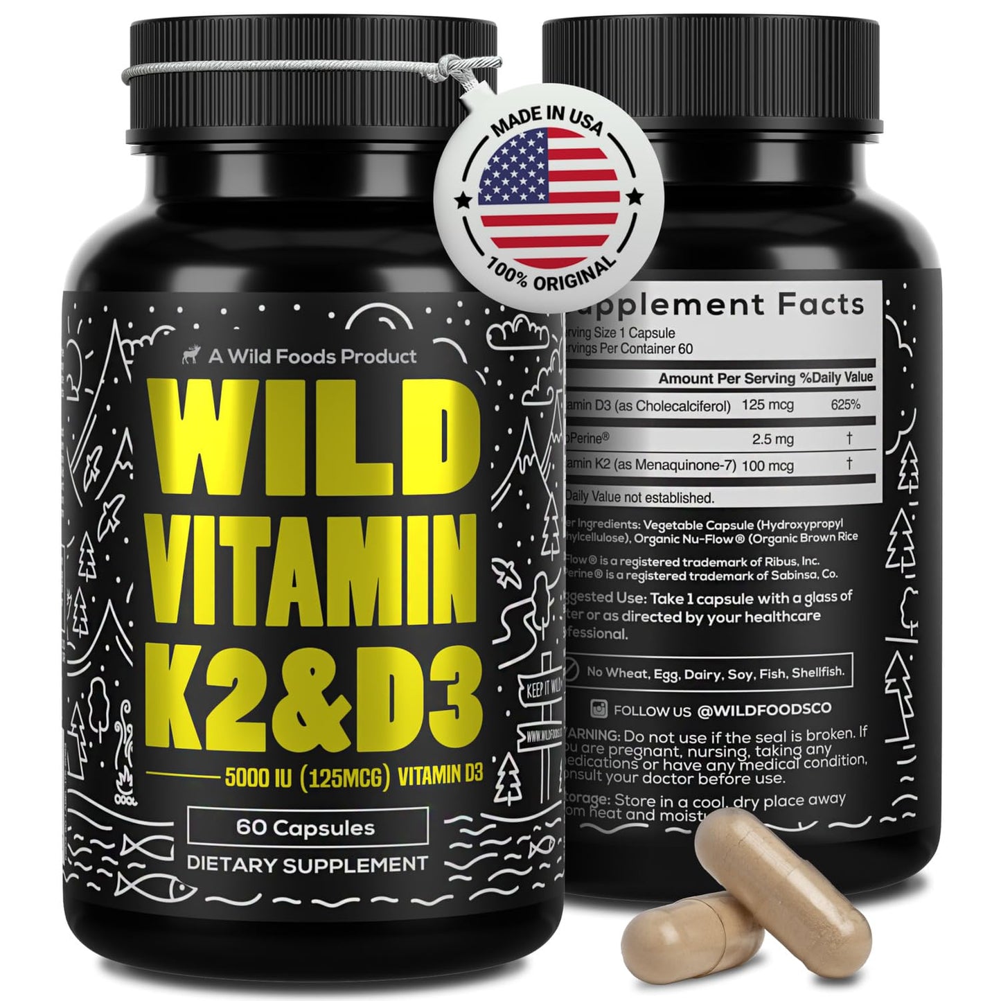 Wild Foods Vitamin D3 5000 IU + K2 MK-7 with Black Pepper - Plant-Based, Non-GMO, 60 Capsules | Made in USA