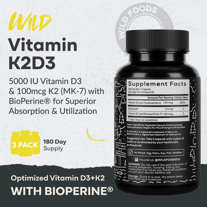 Wild Foods Vitamin D3 5000 IU + K2 MK-7 with Black Pepper - Plant-Based, Non-GMO, 60 Capsules | Made in USA