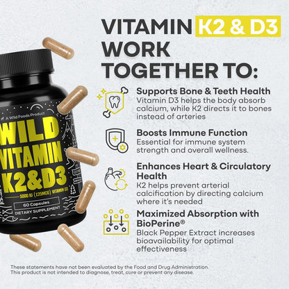 Wild Foods Vitamin D3 5000 IU + K2 MK-7 with Black Pepper - Plant-Based, Non-GMO, 60 Capsules | Made in USA