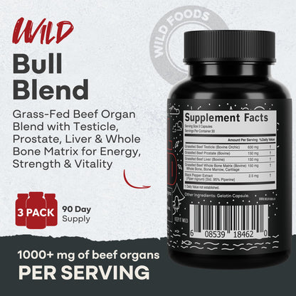 Wild Foods Men's Vitality Formula – Grass-Fed Bovine Organ Meat Capsules (Beef Liver, Testicle, Prostate & Bone) – 30-Day Supply