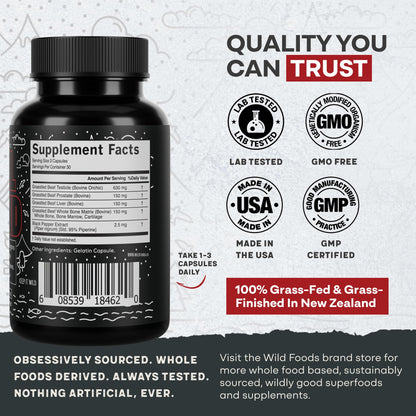Wild Foods Men's Vitality Formula – Grass-Fed Bovine Organ Meat Capsules (Beef Liver, Testicle, Prostate & Bone) – 30-Day Supply