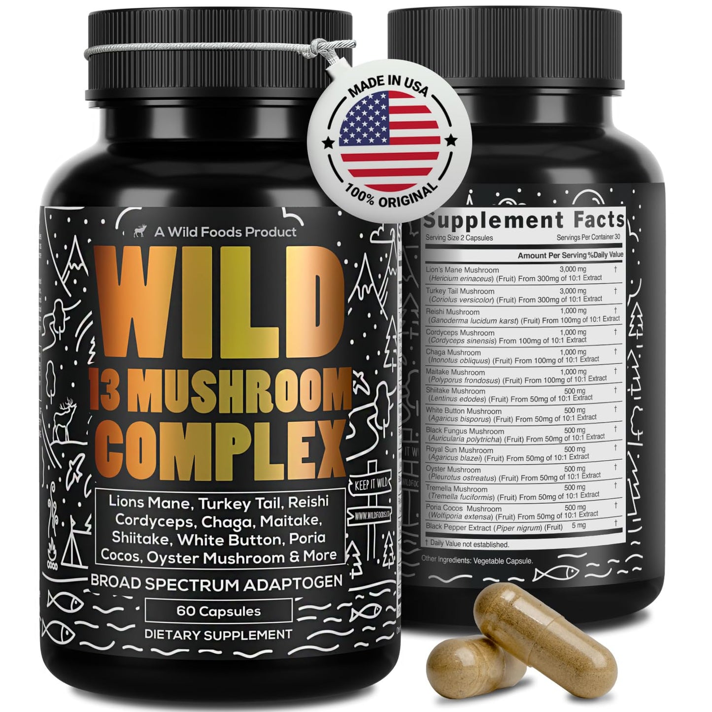 Wild Foods Premium Mushroom Supplement Complex (Pack of 2) – 13 Organic Mushrooms (Lions Mane, Reishi & More)