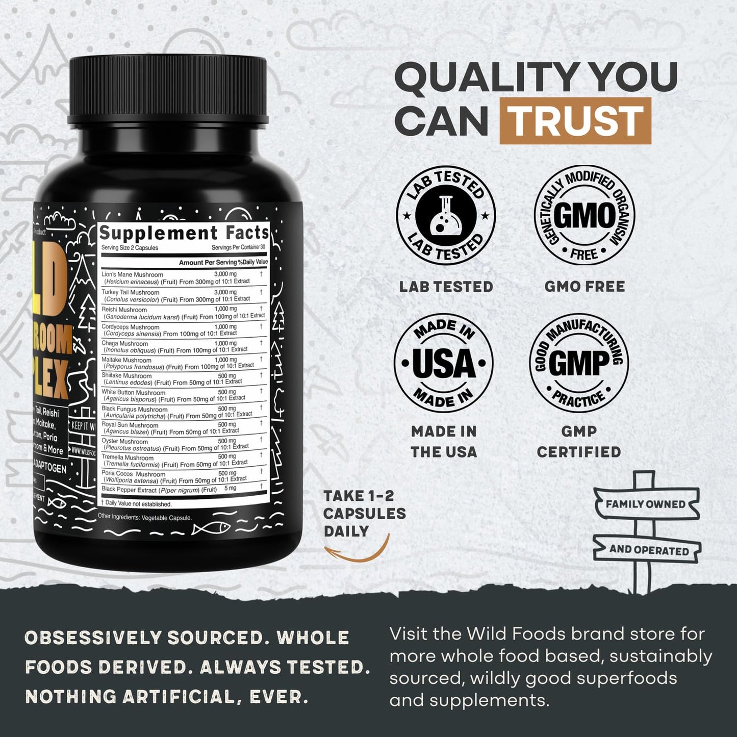 Wild Foods Premium Mushroom Complex - 13 Organic Mushrooms, 10:1 Extract, 60 Capsules