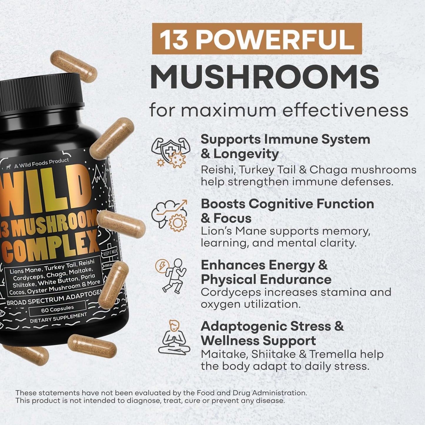 Wild Foods Premium Mushroom Supplement Complex (Pack of 2) – 13 Organic Mushrooms (Lions Mane, Reishi & More)