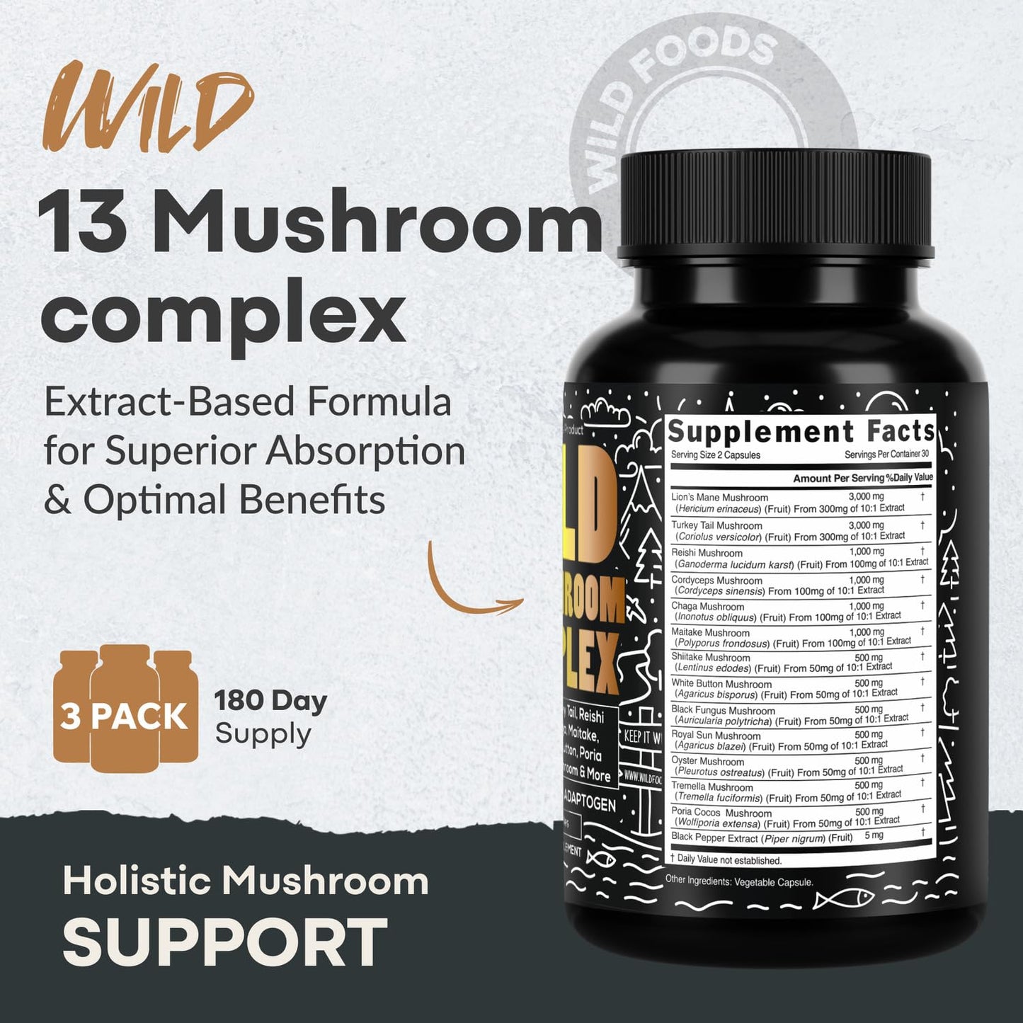 Wild Foods Premium Mushroom Supplement Complex (Pack of 2) – 13 Organic Mushrooms (Lions Mane, Reishi & More)
