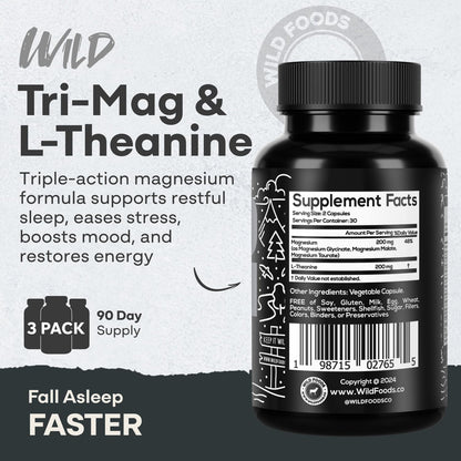 Wild Foods Tri-Mag & L-Theanine – Triple Magnesium Complex for Sleep & Relaxation | 60 Veg Capsules