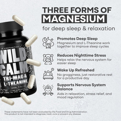 Wild Foods Tri-Mag & L-Theanine – Triple Magnesium Complex for Sleep & Relaxation | 60 Veg Capsules