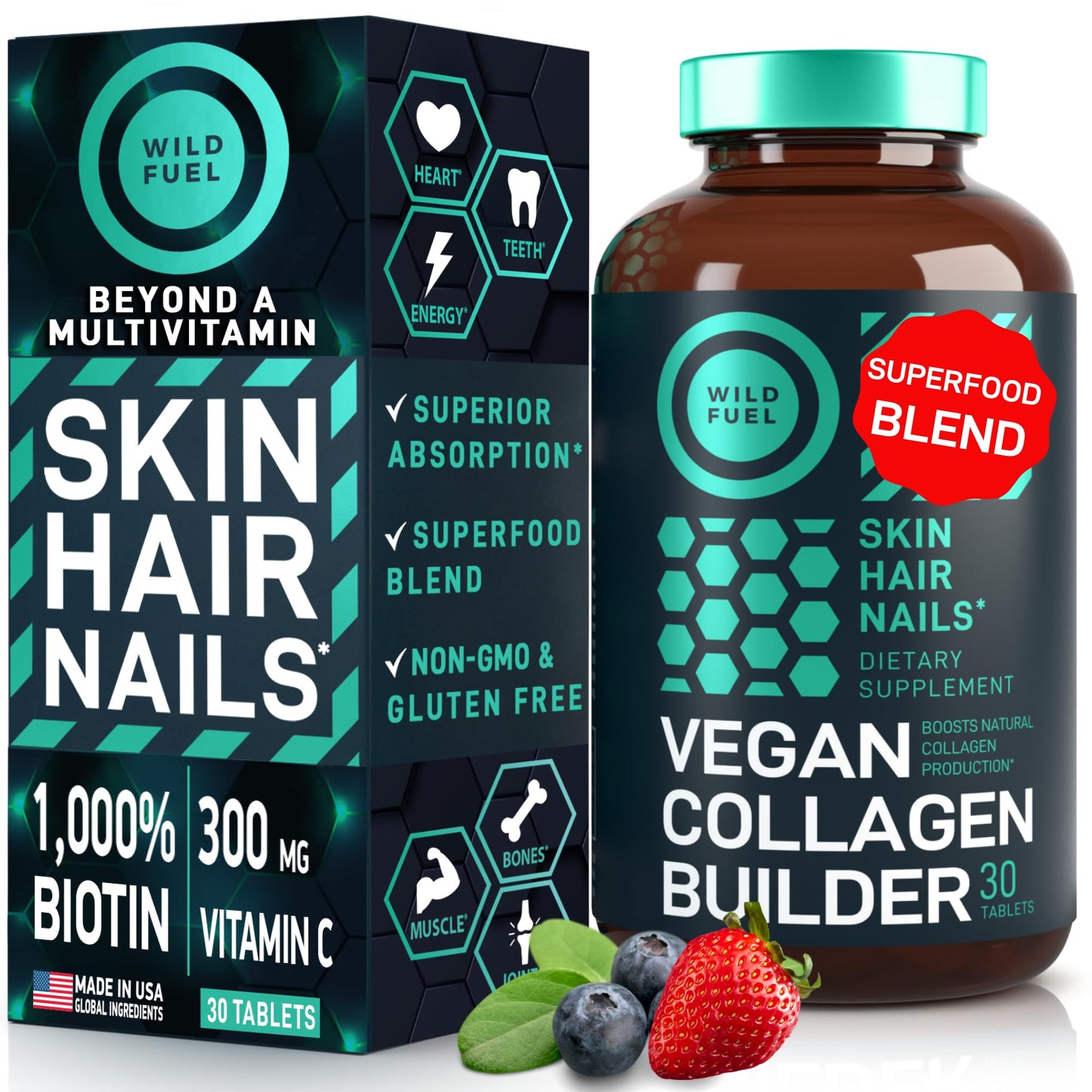 WILD FUEL Vegan Collagen Builder – Plant-Based Booster with Biotin (30 Tablets)