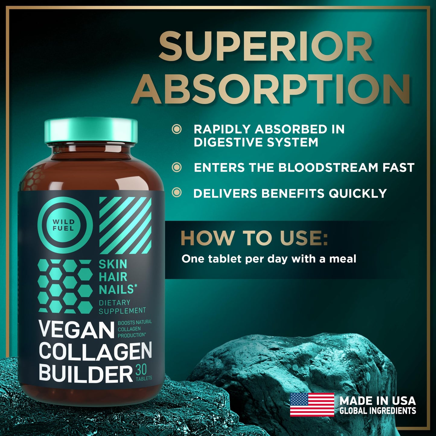 WILD FUEL Vegan Collagen Builder – Plant-Based Booster with Biotin (30 Tablets)