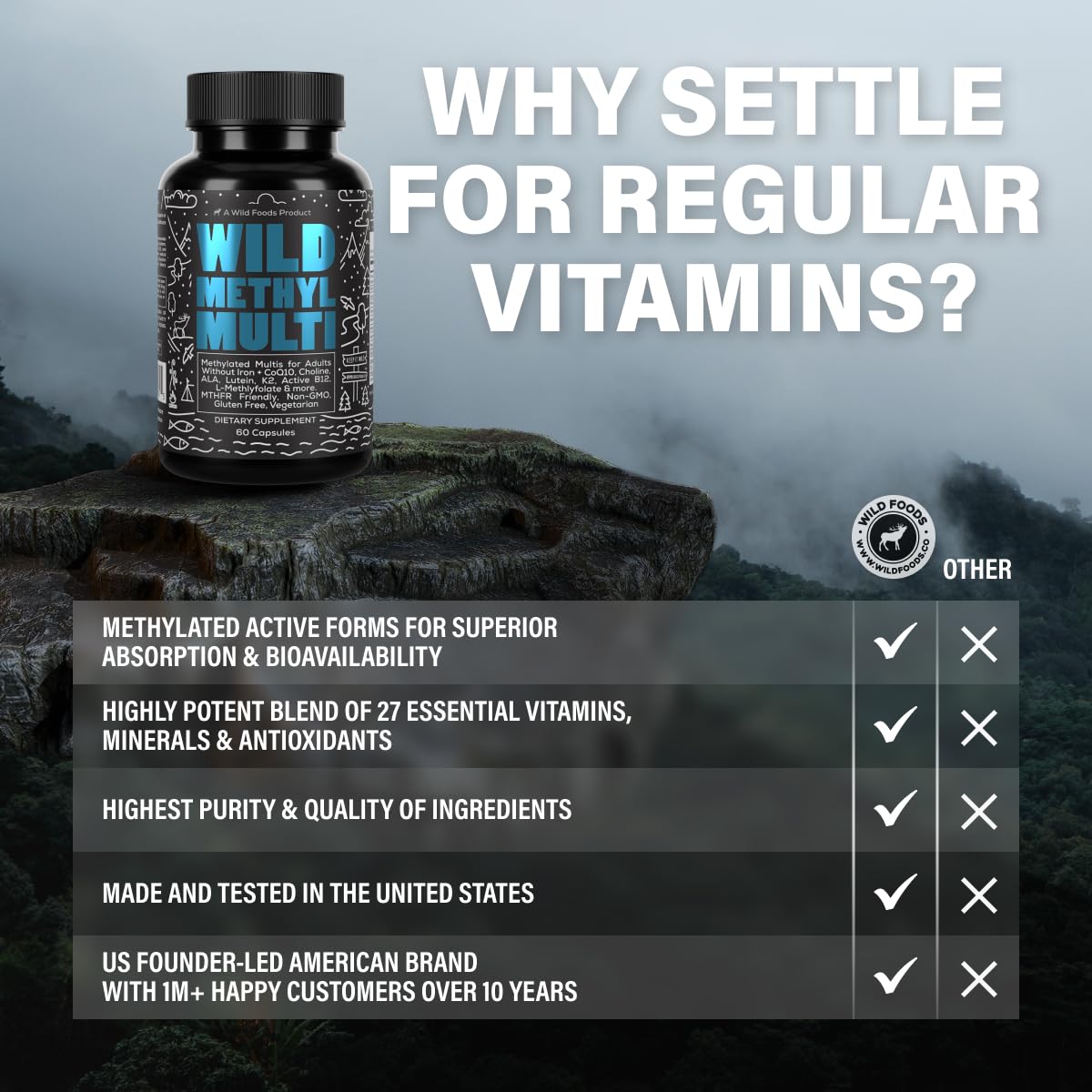 Wild Foods Methylated Multivitamin for Men & Women - Iron-Free Daily Multi with Methyl B12, Folate, A, D, K2, CoQ10 (Pack of Two)