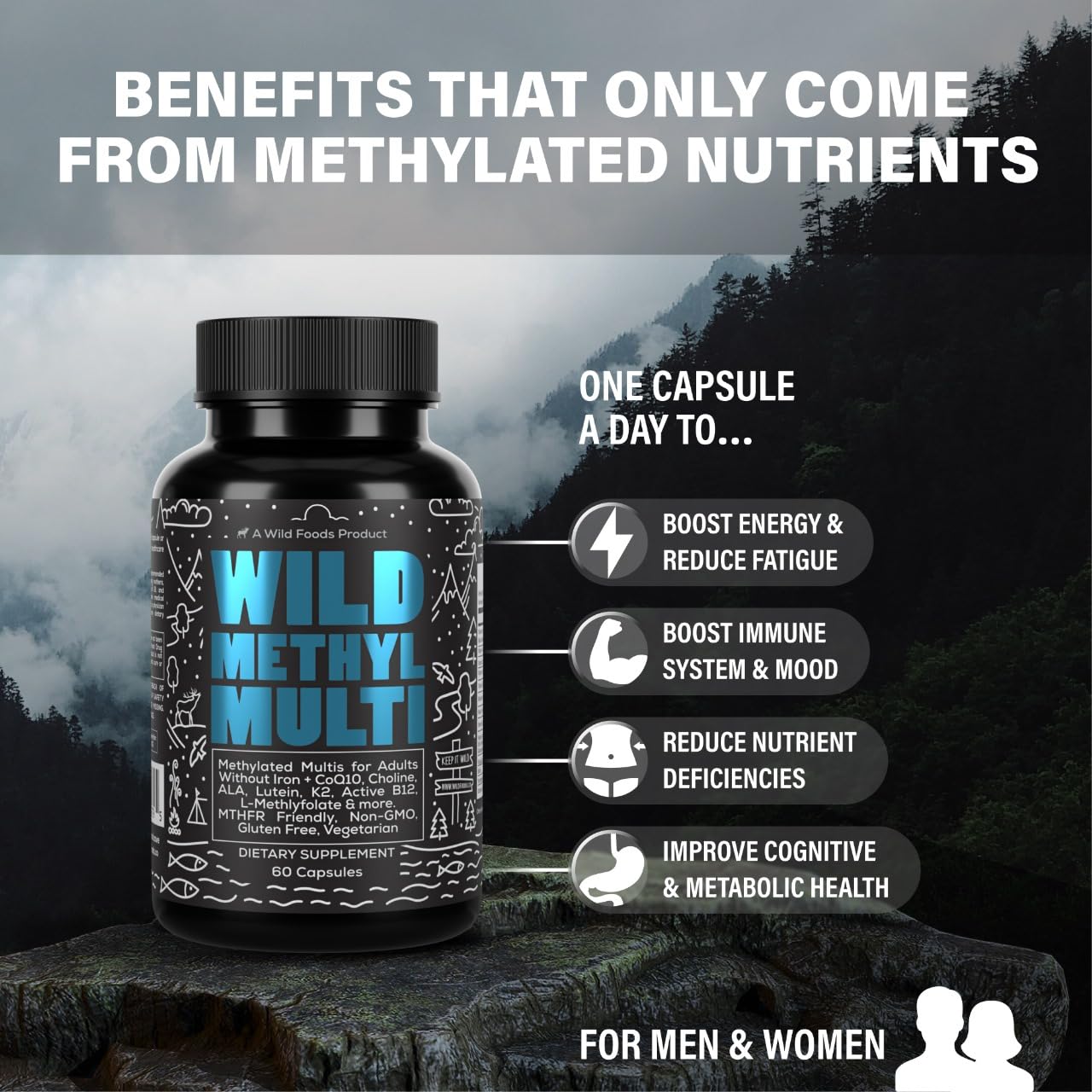 Wild Foods Methylated Multivitamin for Men & Women - Iron-Free Daily Multi with Methyl B12, Folate, A, D, K2, CoQ10 (Pack of Two)
