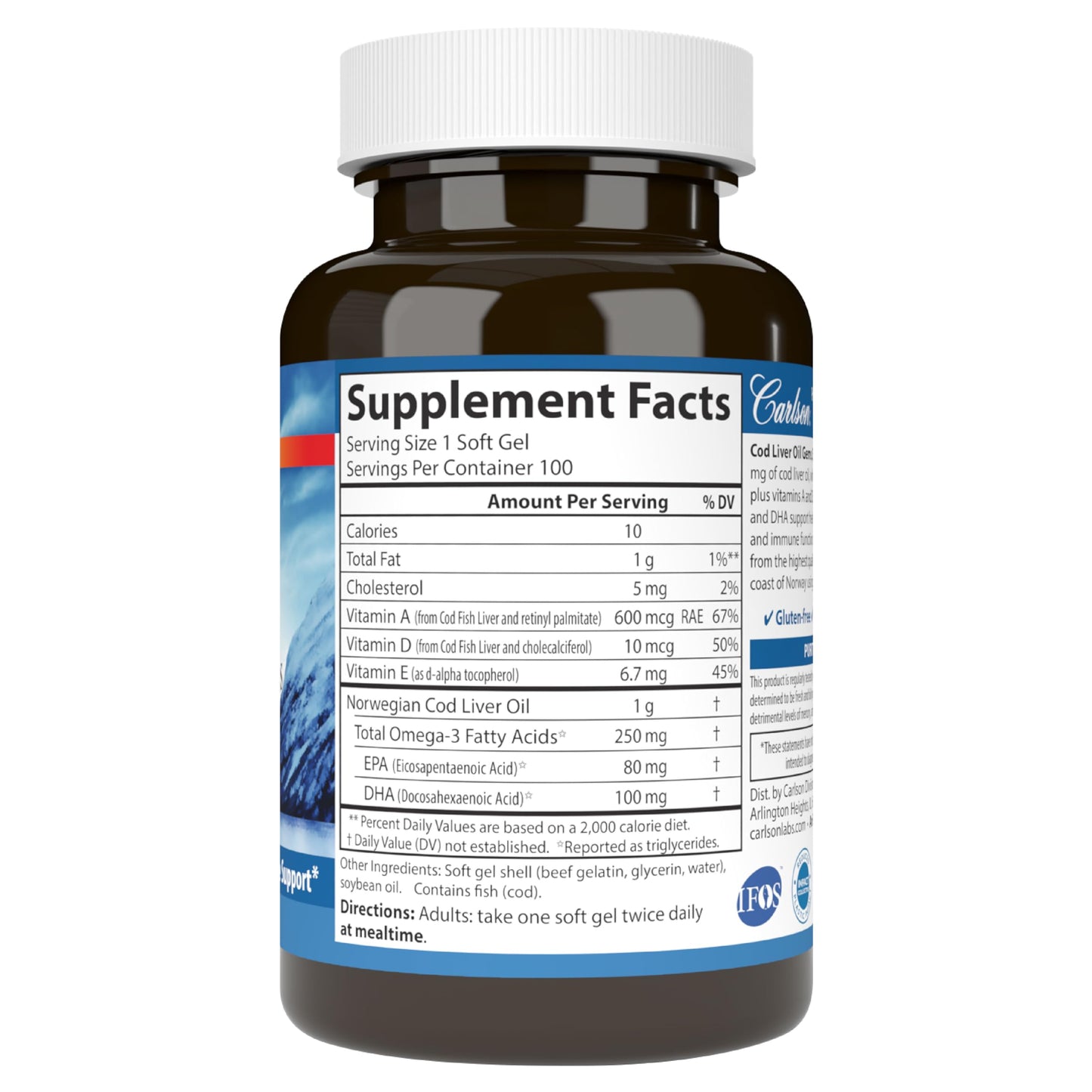 Carlson Cod Liver Oil 1000 mg + Vitamins A & D3 | Wild Norwegian, Sustainably Sourced | 100 Softgels