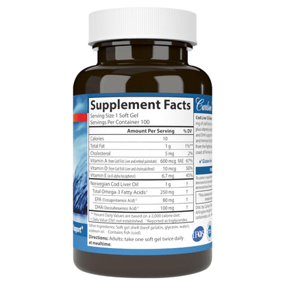 Carlson Cod Liver Oil 1000 mg + Vitamins A & D3 | Wild Norwegian, Sustainably Sourced | 100 Softgels
