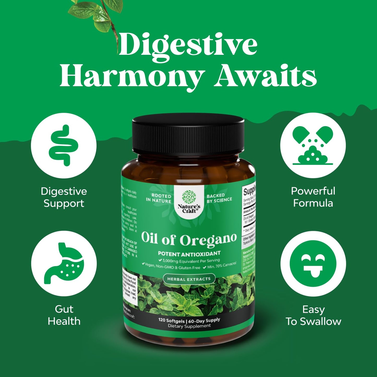 Wild Oregano Oil Softgels 70% Carvacrol | Digestive & Immune Support - 120 Ct