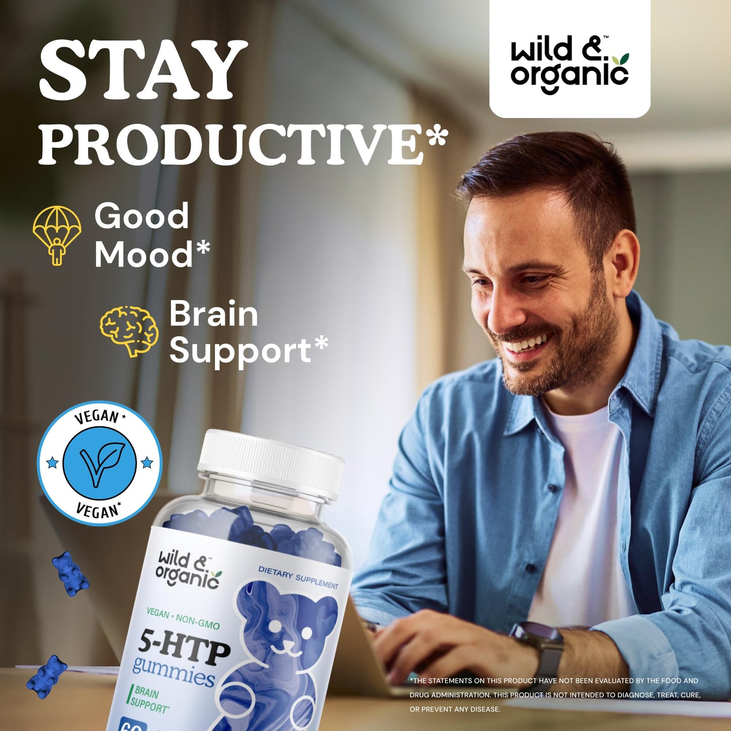 Wild & Organic 5-HTP Mood Gummies - 200mg L-Tryptophan | Vegan, Non-GMO, 60 Gummies