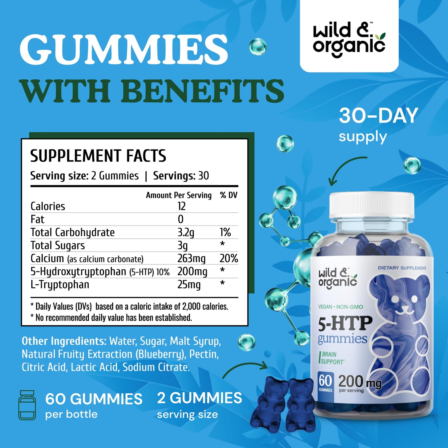 Wild & Organic 5-HTP Mood Gummies - 200mg L-Tryptophan | Vegan, Non-GMO, 60 Gummies